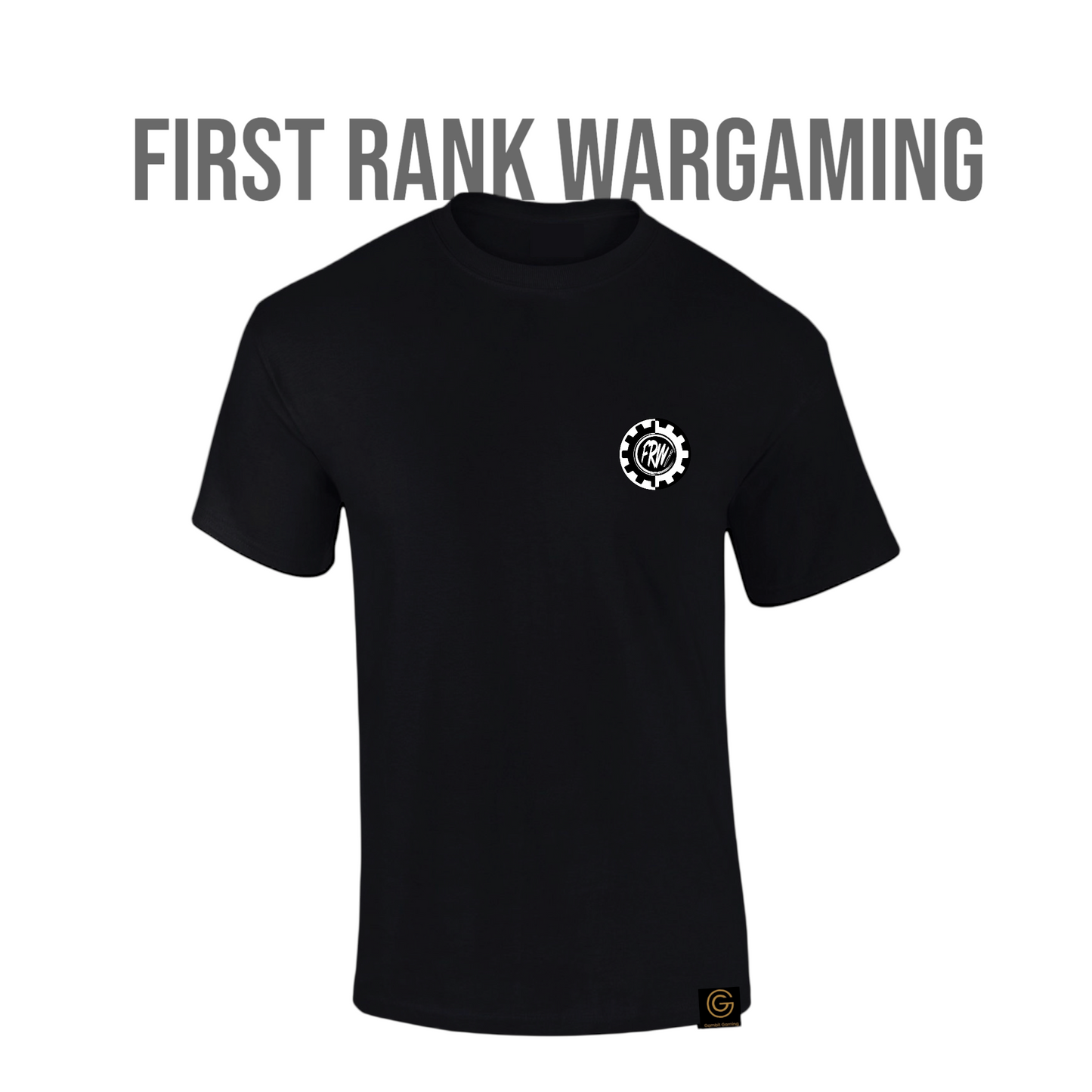 Black t-shirt with a logo on the chest and 'First Rank Wargaming' text above, on a white background