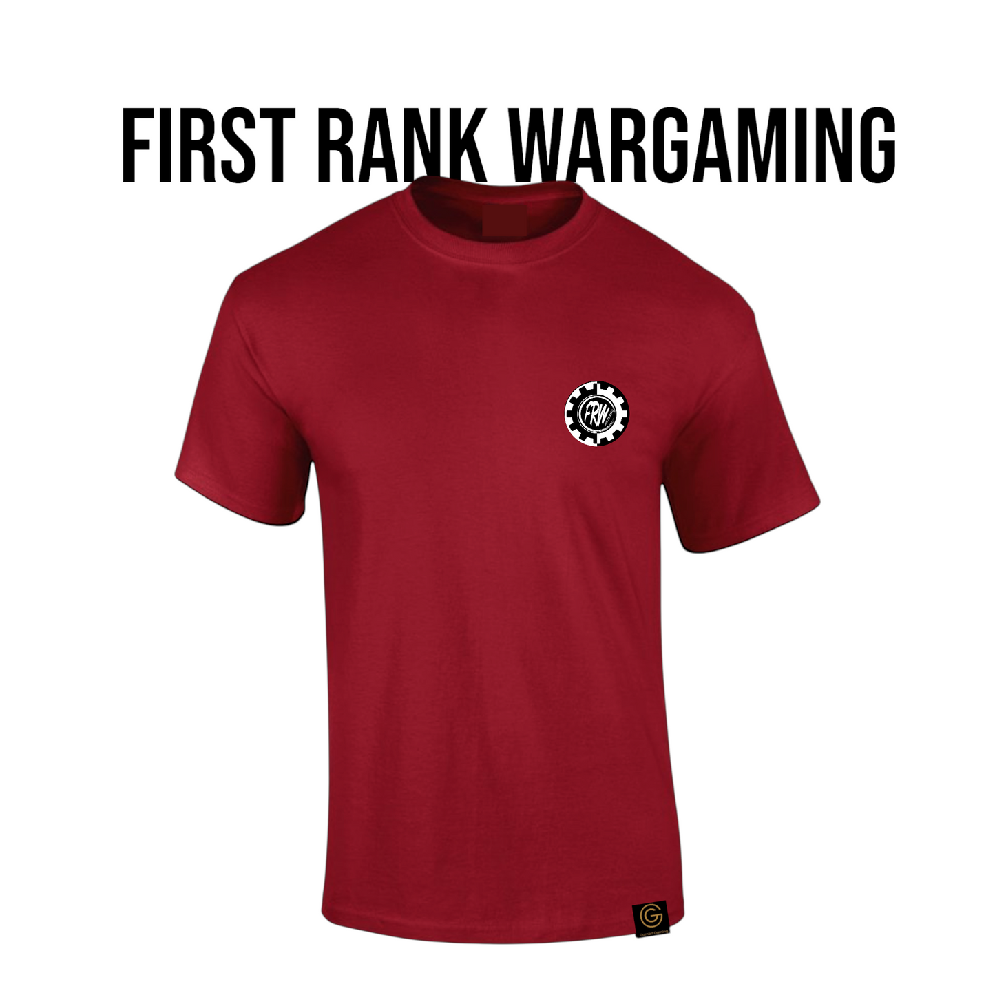 Red t-shirt with a logo and 'First Rank Wargaming' text on a white background