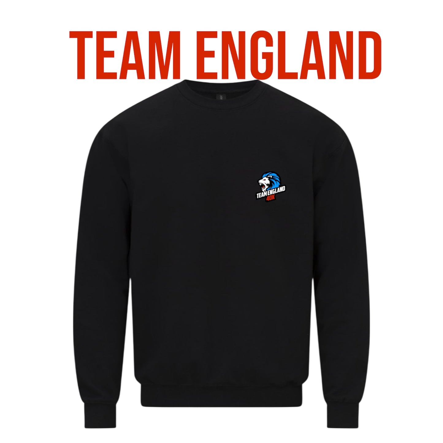 Black sweatshirt with a team England logo on the chest against a white background, featuring 'Team England' text at the top.