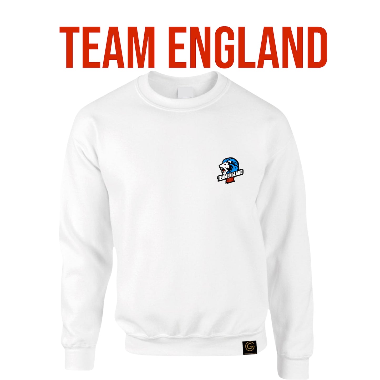 White sweatshirt with 'Team England' text and logo on a white background