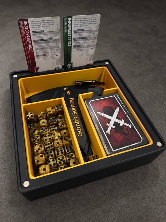 Gambit Gaming Battle Vault holding dice, mission cards and measuring tools