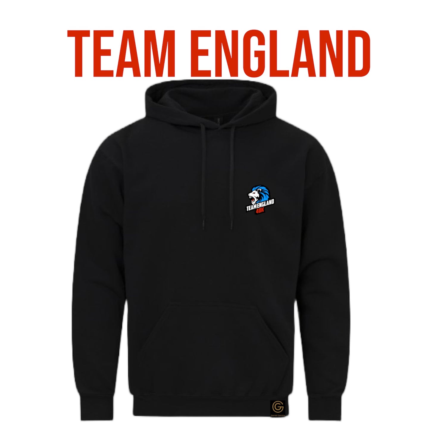 Black hoodie with a logo on the chest against a white background, featuring 'Team England' text.